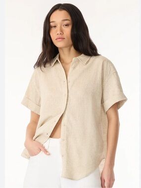 C&C California Women's Short-Sleeve Linen Button-Up in Natural Beige